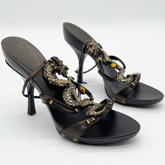 Giuseppe Zanotti Vicini Vintage Dragon Embellished Leather Heeled Sandals IT 36 - Picture 3 of 13